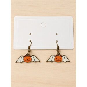 Halloween Pumpkin Bat Dangle Earrings Orange White Gold Tone Spooky Jewelry